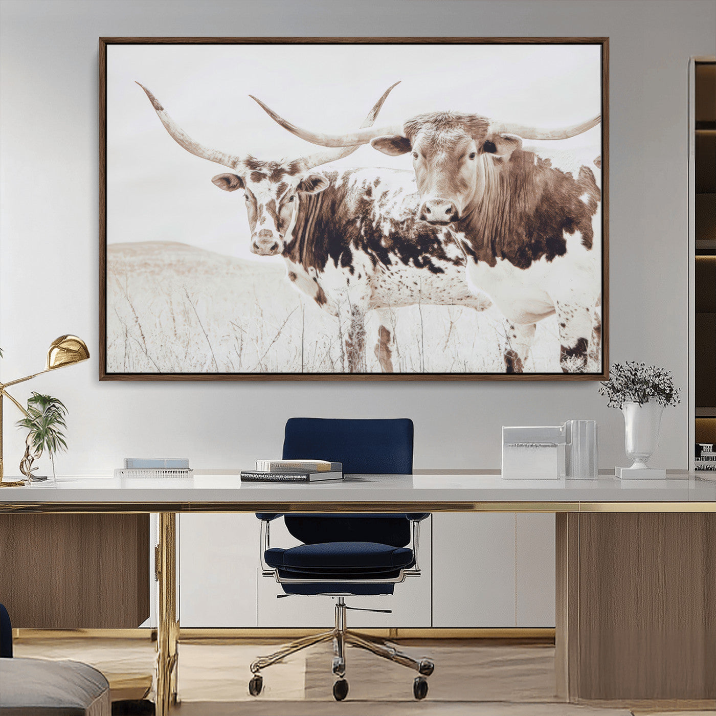 Two longhorn cows standing in a sepia-toned pasture with soft light, ideal for rustic or farmhouse-themed neutral wall decor.
