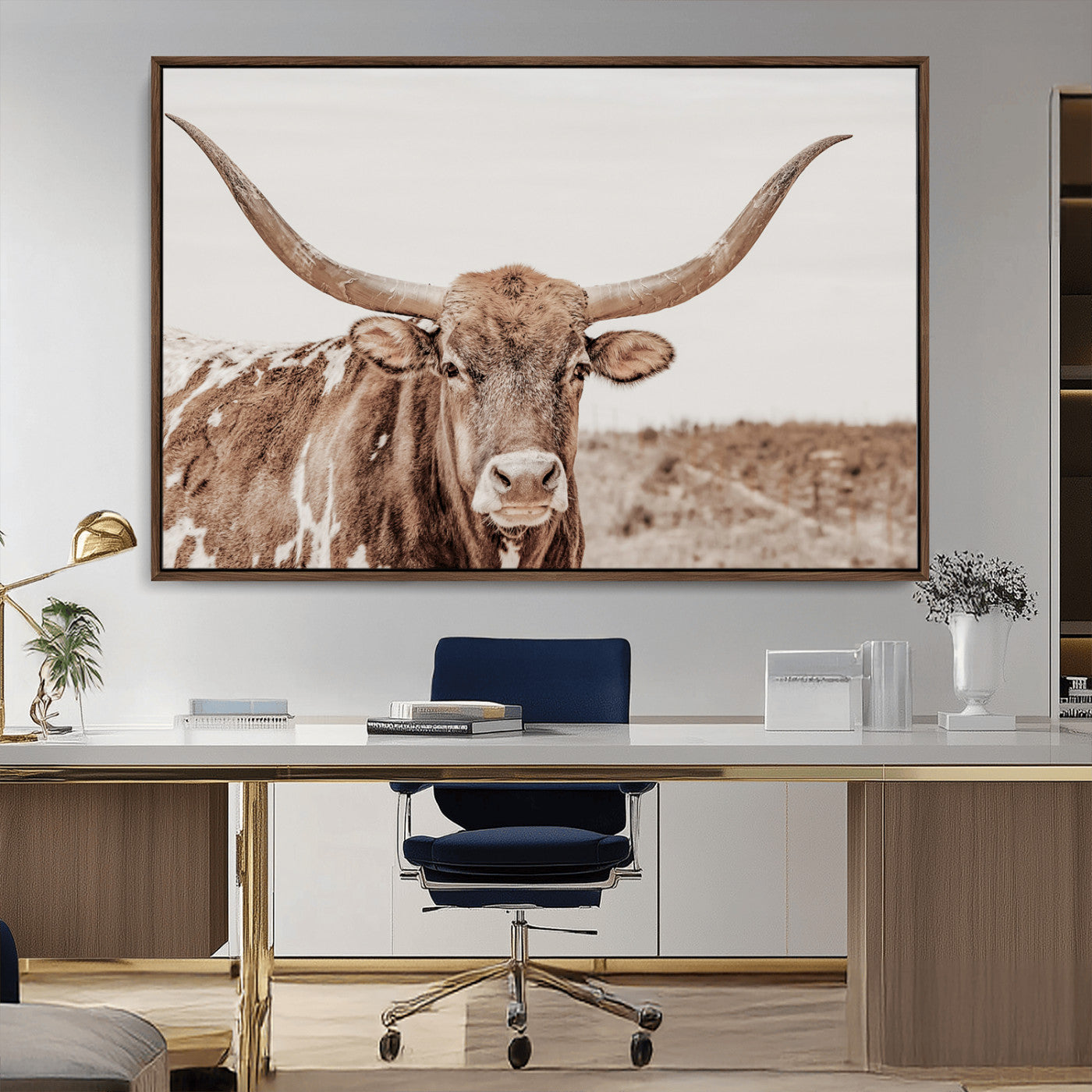A longhorn cow in soft beige desert tones, standing calmly in open land, perfect for neutral western or rustic farmhouse interiors.