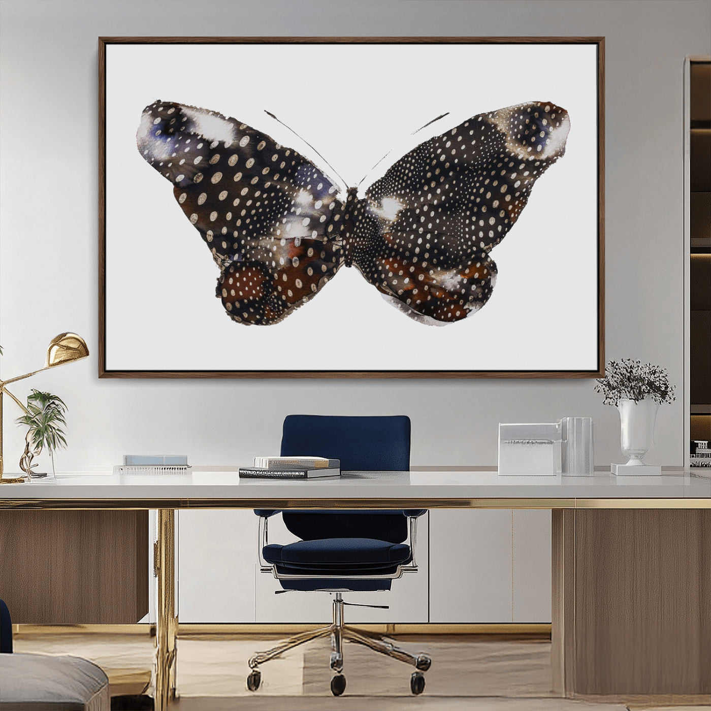 MGV-FC-36X24 - Spotted Butterfly Wall Art Canvas Print, Framed Neutral Insect Theme Art Picture Print, Earthy Wing Pattern Perfect Modern Rustic Decor Artwork