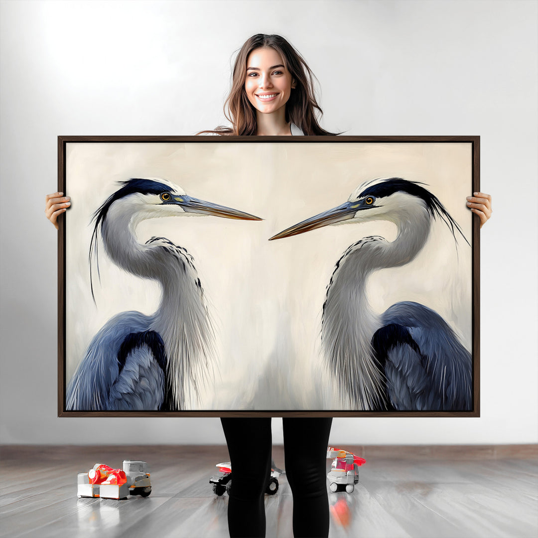 Blue Heron Pair Art Canvas Print, Coastal Bird Theme Print, Framed Tranquil Wildlife Scene Art Print, Large Nature Inspired Decor