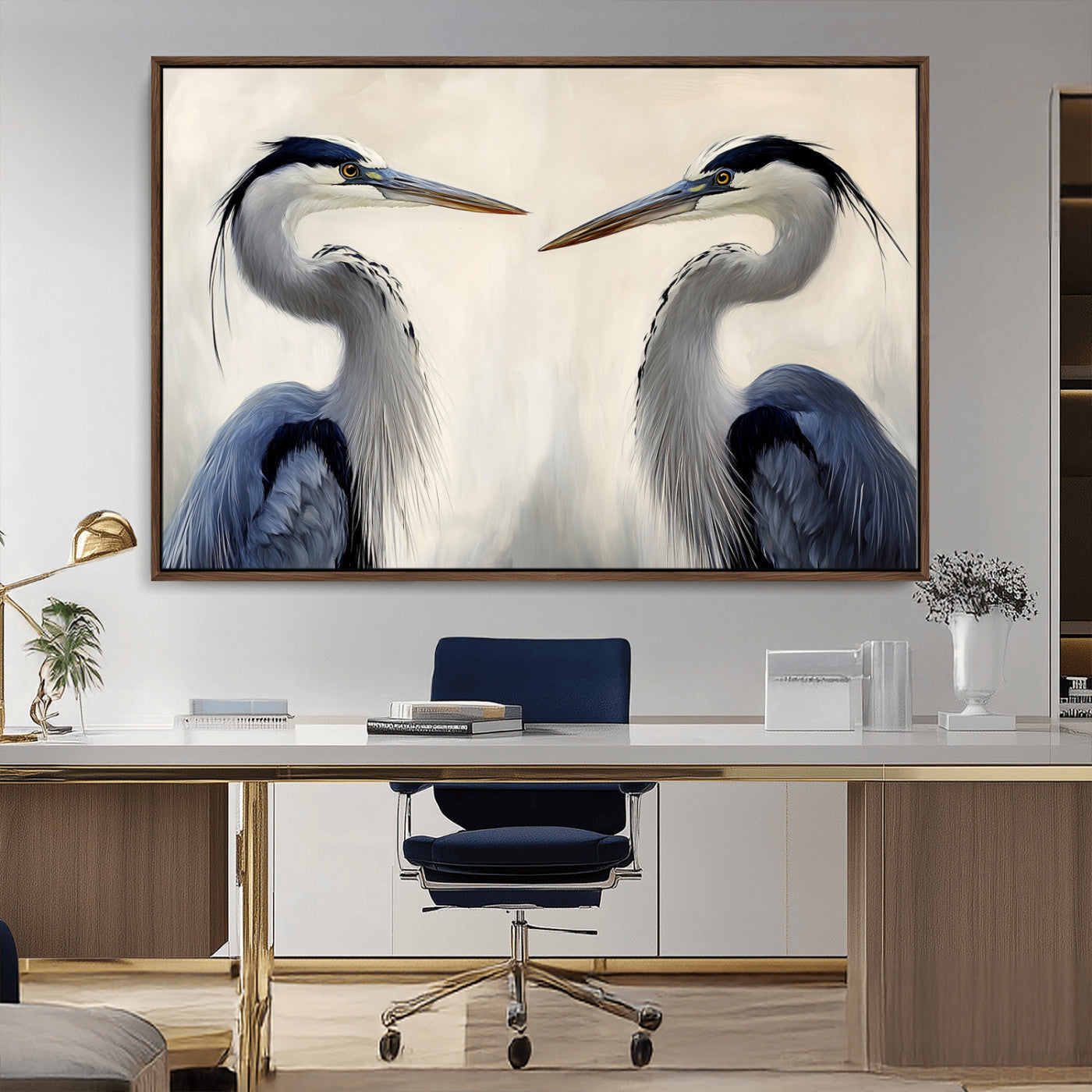 Two blue herons facing each other on a soft neutral background, ideal for coastal, tranquil, or nature-inspired minimalist interiors.