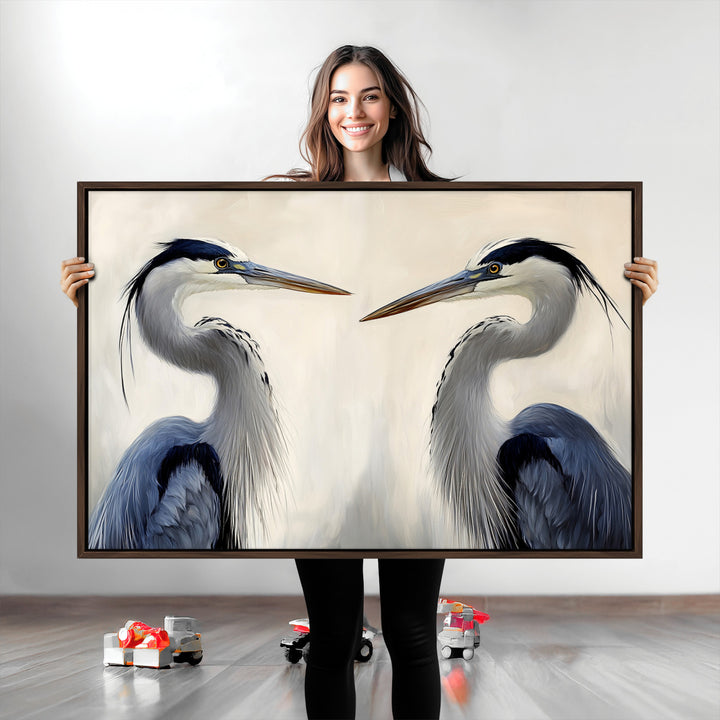 Blue Heron Pair Art Canvas Print, Coastal Bird Theme Print, Framed Tranquil Wildlife Scene Art Print, Large Nature Inspired Decor