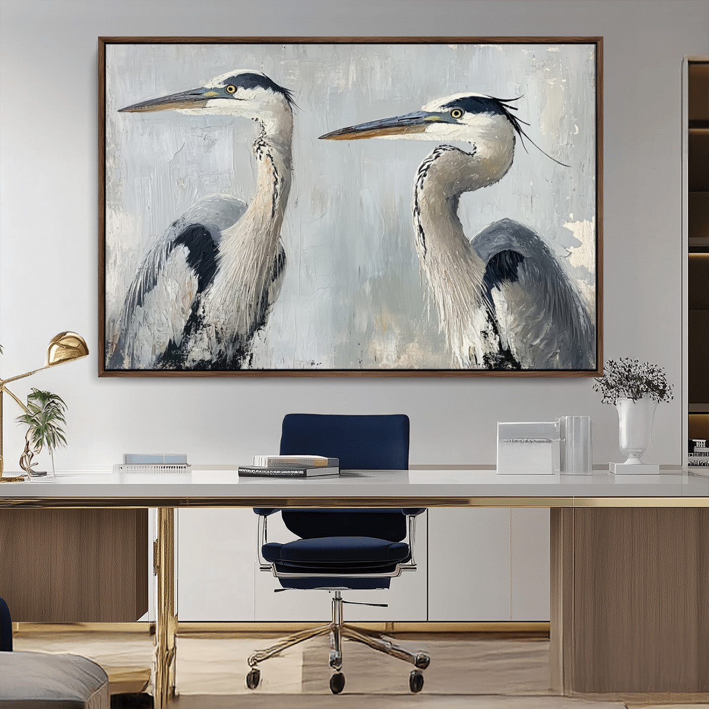 Two elegant herons in profile with soft brush strokes and blue-grey tones, ideal for serene, coastal, or minimalist interior decor.