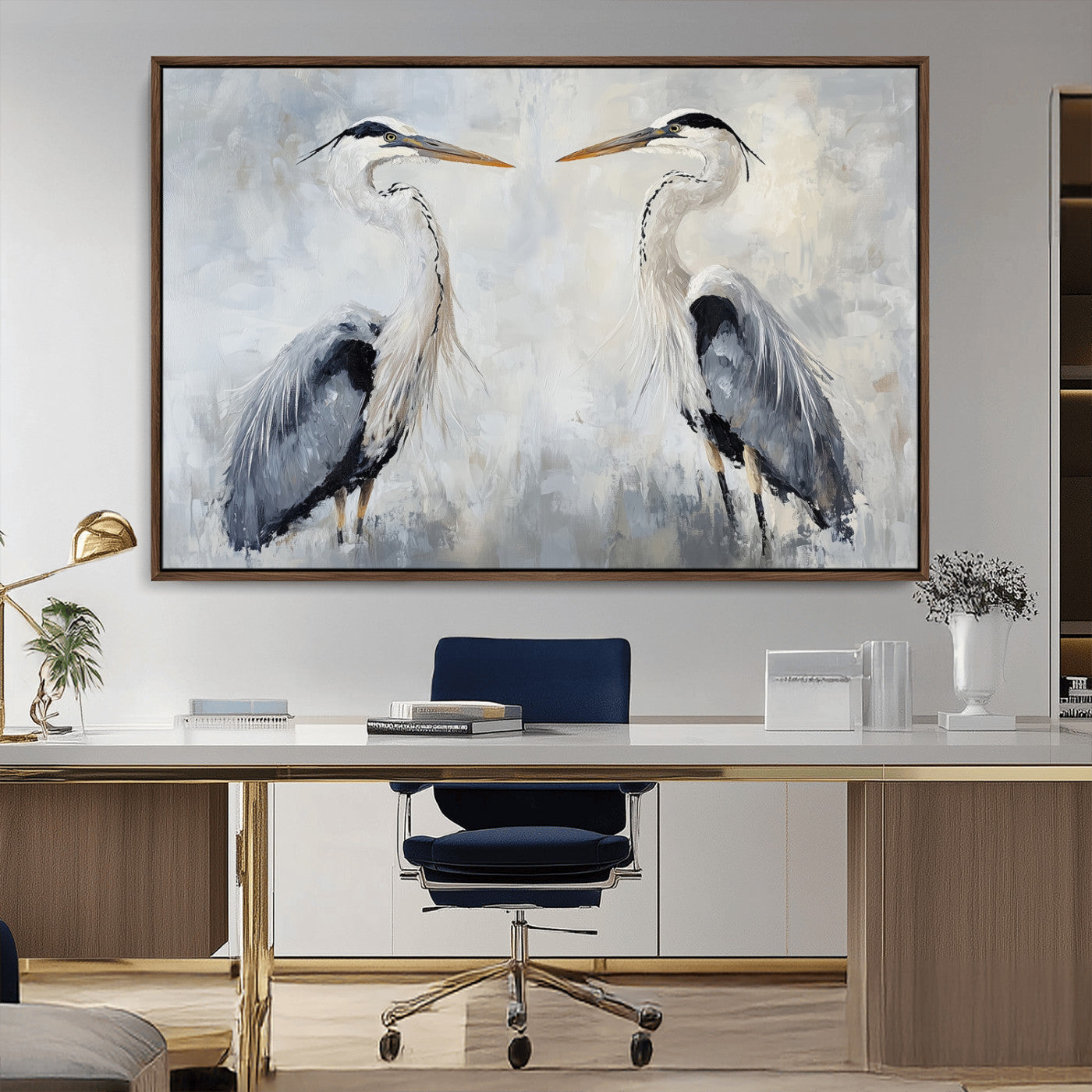 Two herons facing each other on a soft-toned background with blue-grey feathers, perfect for tranquil, coastal or nature-themed interiors.