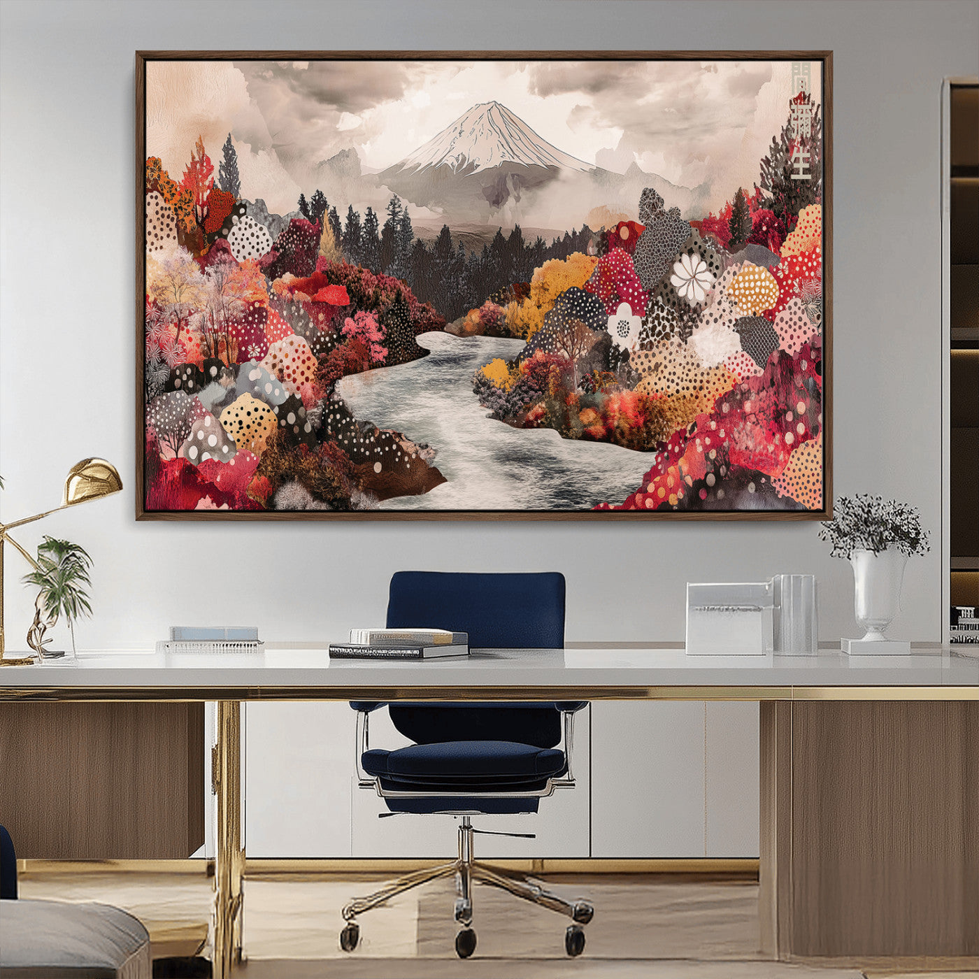 A whimsical mountain landscape with floral autumn trees, river, and misty peak, ideal for cozy, cottagecore, and nature-inspired wall decor.
