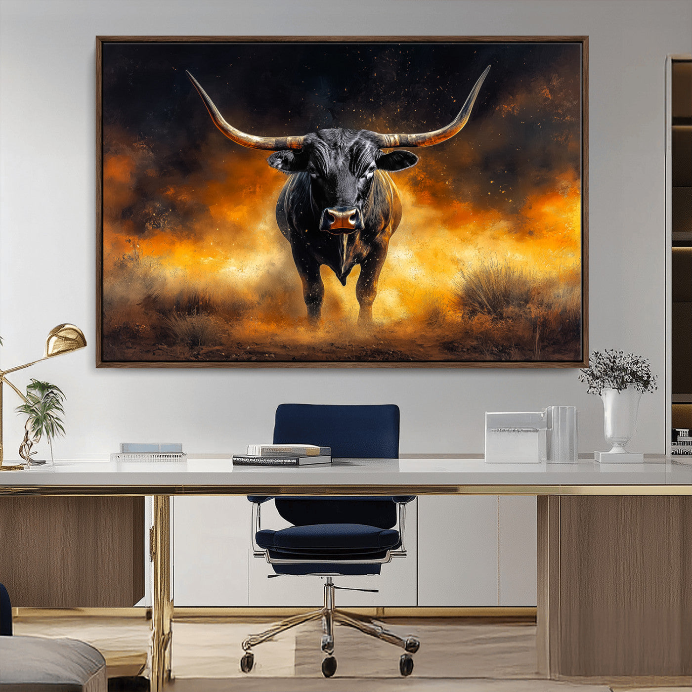 MGV-FC-36X24 - Longhorn Canvas Wall Art Canvas Print, Framed Bold Bull Wall Art Art Picture Print, Western Animal Decor Perfect Western Dramatic Decor Artwork