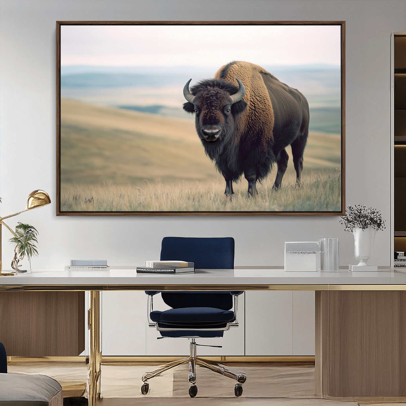 A bison standing strong on a grassy prairie with rolling hills in the background, perfect for rustic and Western-inspired wall decor.