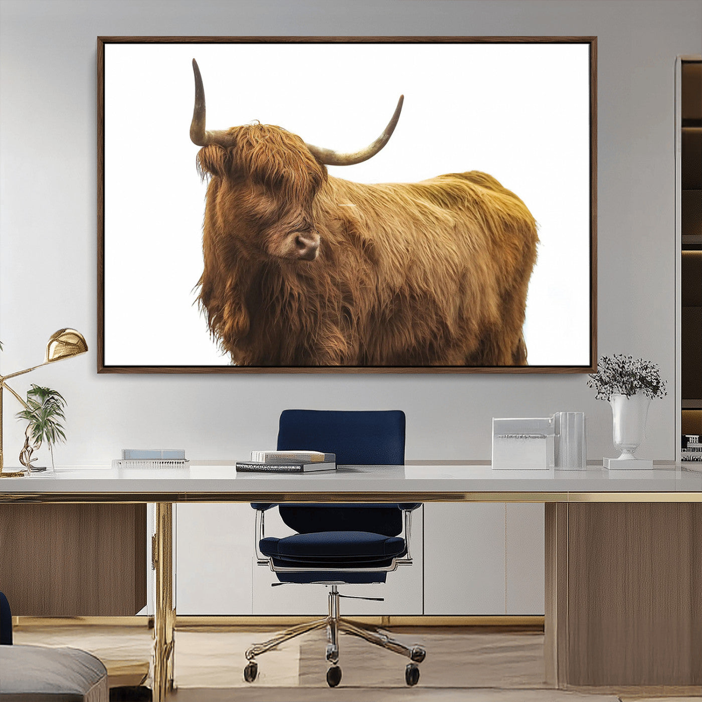 A highland cow with long horns and shaggy fur standing calmly, isolated on white background, ideal for rustic or farmhouse wall decor.