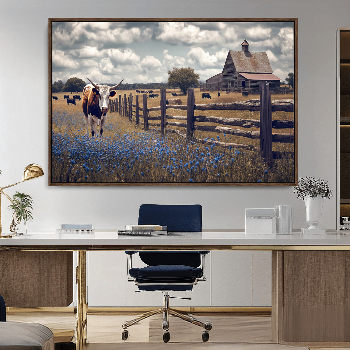 Framed canvas print of a Texas Longhorn near a rustic barn and fence, ideal for farmhouse or western-style home wall decor.