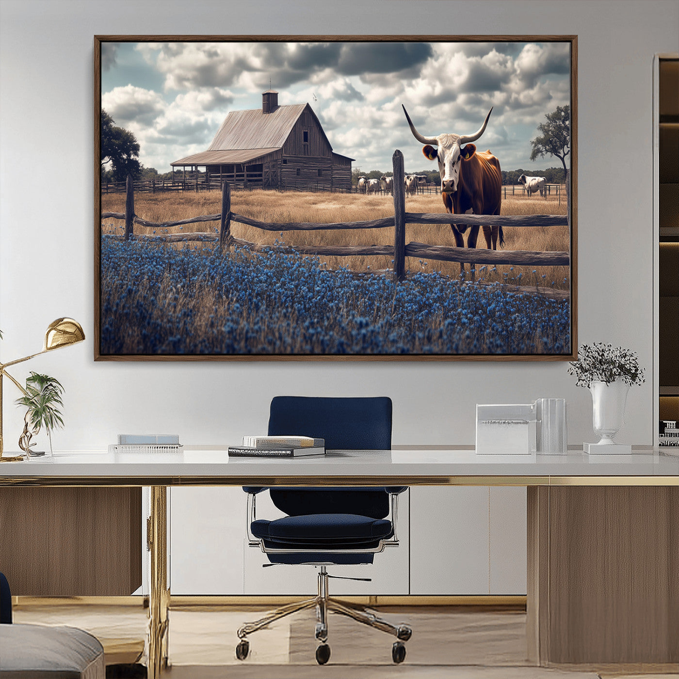 Framed canvas art of a Texas Longhorn cow near a rustic barn and bluebonnet field, ideal for country-style or farmhouse wall decor.