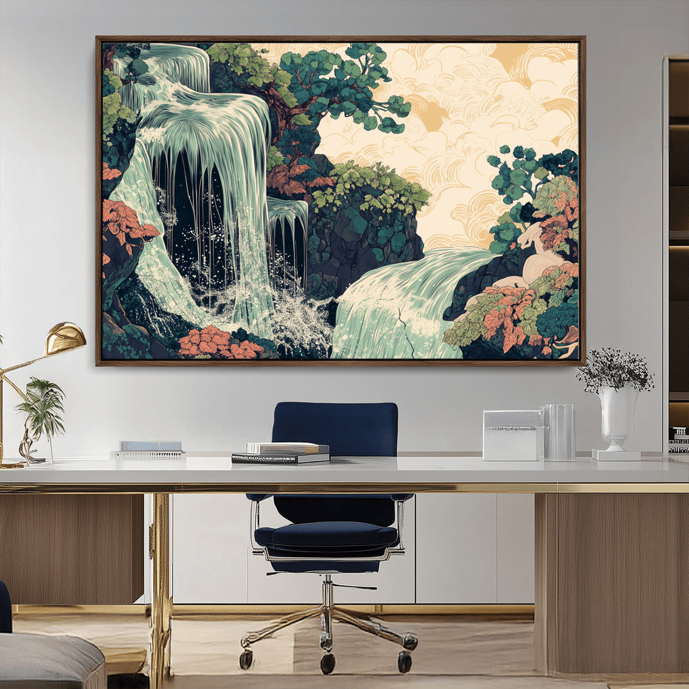 Stylized waterfall flowing through rocky terrain and lush foliage in an oriental art style, ideal for peaceful and nature-themed interiors.