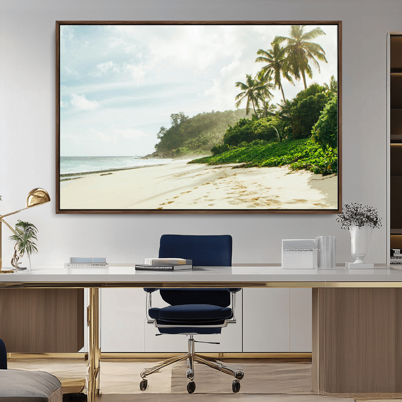 A tropical beach with palm trees, soft sand, and ocean waves under a bright sky, creating a peaceful and relaxing coastal view.