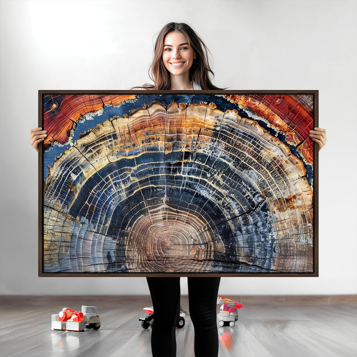 Tree Rings Canvas Wall Art Print, Framed Wood Texture Art Picture Print, Petrified Wood Perfect Modern Rustic Decor Artwork