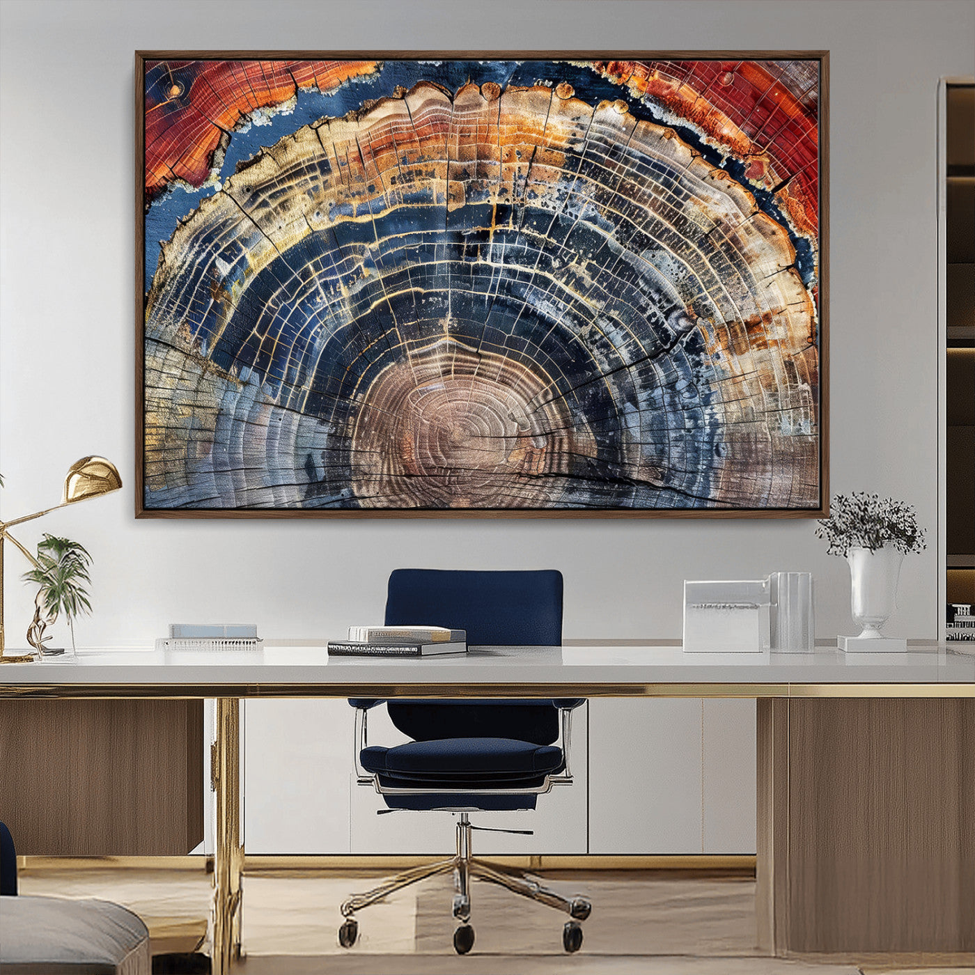 Close-up of petrified wood with rich earthy tones and intricate tree rings, highlighting natural texture and organic patterns.