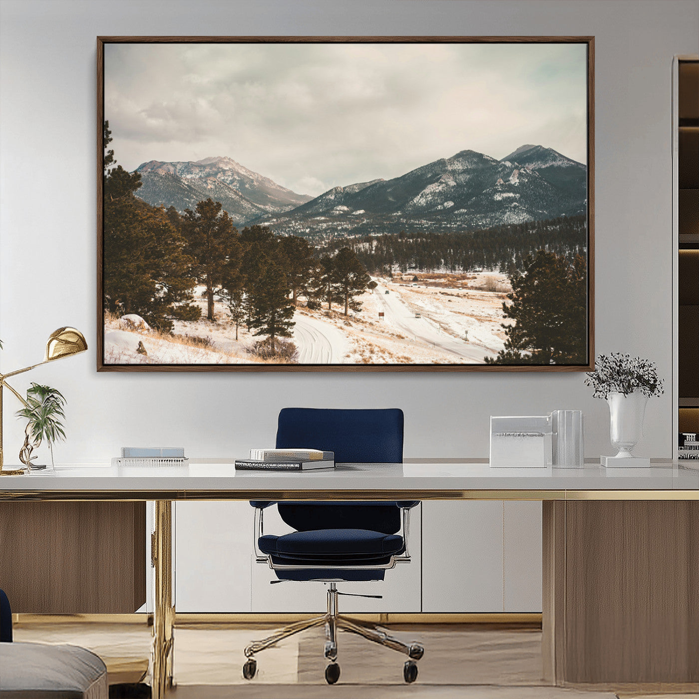 Snow-covered mountains with pine trees and a winding path, creating a serene and rustic winter landscape perfect for cozy decor.