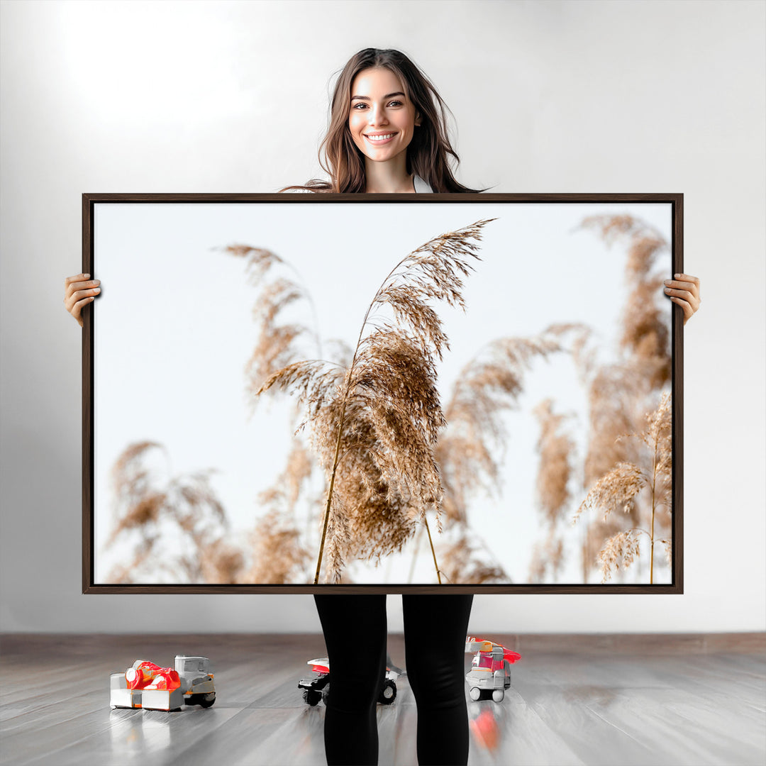 Pampas Grass Wall Art Canvas Print, Framed Neutral Tones Art Picture Print, Minimalist Nature Perfect Boho Decor Artwork