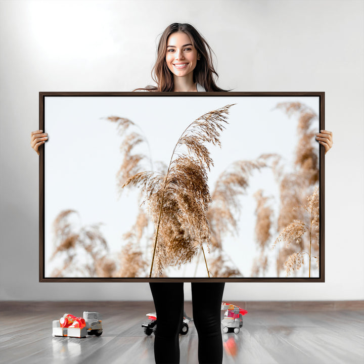 Pampas Grass Wall Art Canvas Print, Framed Neutral Tones Art Picture Print, Minimalist Nature Perfect Boho Decor Artwork