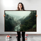 48497565-MGV-CV-36X24-Misty Forest Wall Art Canvas Print, Framed Foggy River Art Picture Print, Moody Landscape Perfect Wilderness Decor Artwork