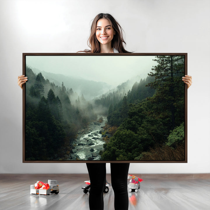 Misty Forest Wall Art Canvas Print, Framed Foggy River Art Picture Print, Moody Landscape Perfect Wilderness Decor Artwork