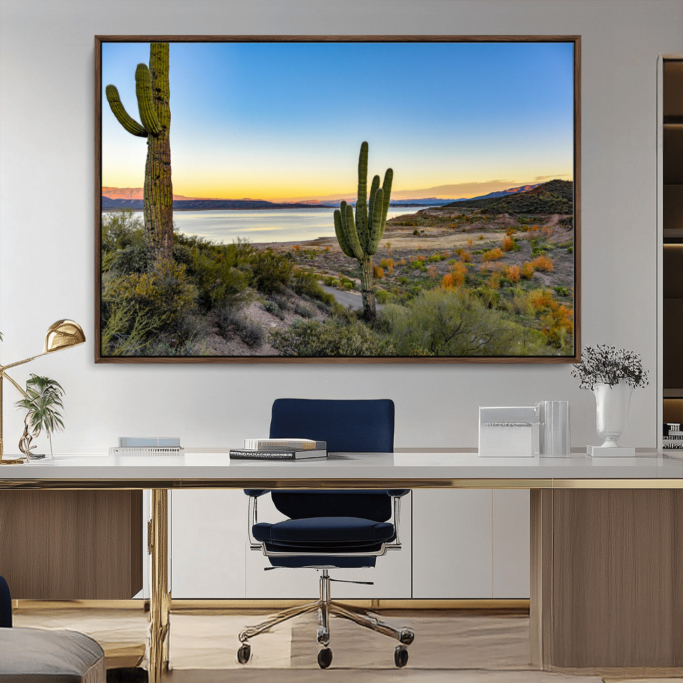 Desert landscape with saguaro cacti and lake at sunset, featuring vibrant sky and hills, ideal for Southwestern or rustic wall decor.