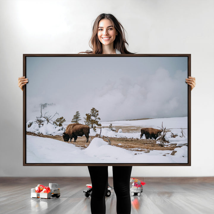 Bison Wildlife Wall Art Canvas Print, Framed Snowy Prairie Art Picture Print, Western Perfect Rustic Decor Artwork