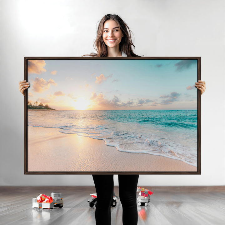 Beach Sunset Wall Art Canvas Print, Framed Ocean Waves Art Picture Print, Summer Escape Perfect Coastal Decor Artwork