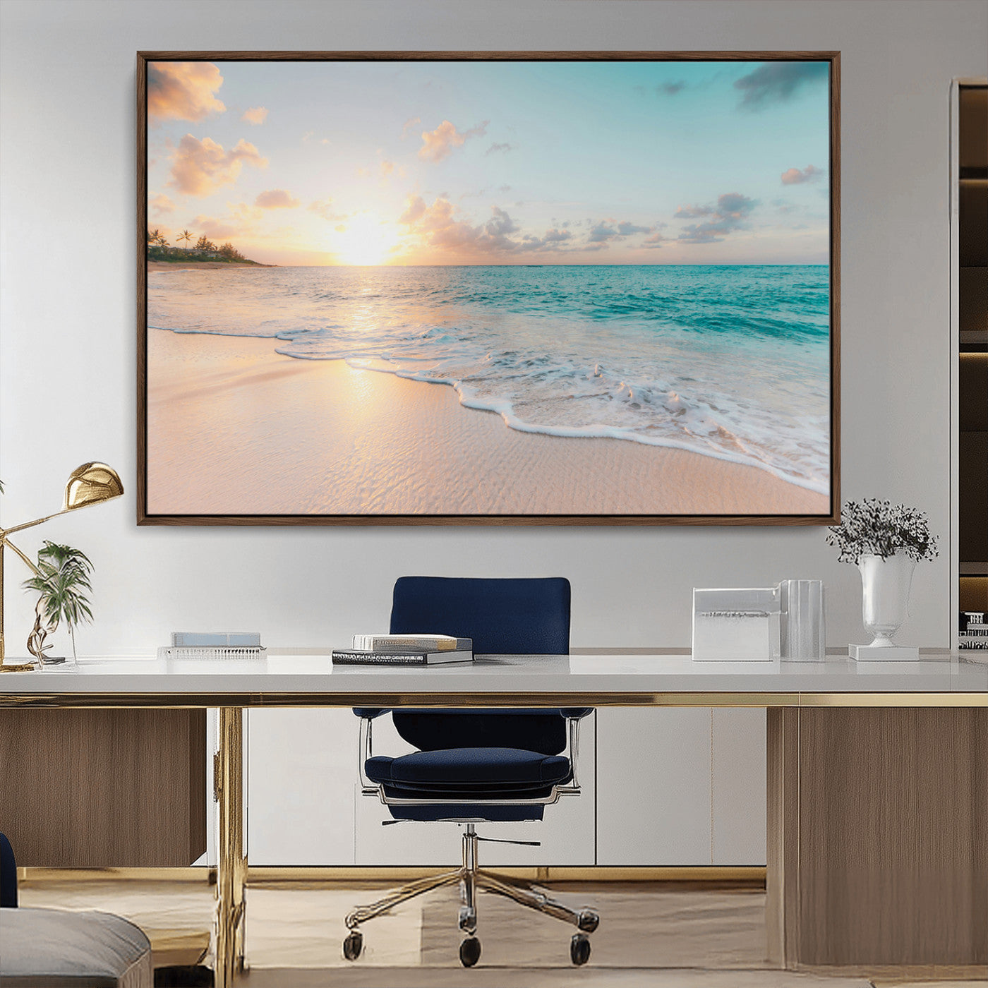 Golden sunset over a tropical beach with gentle ocean waves and soft white sand, creating a peaceful and relaxing coastal scene.