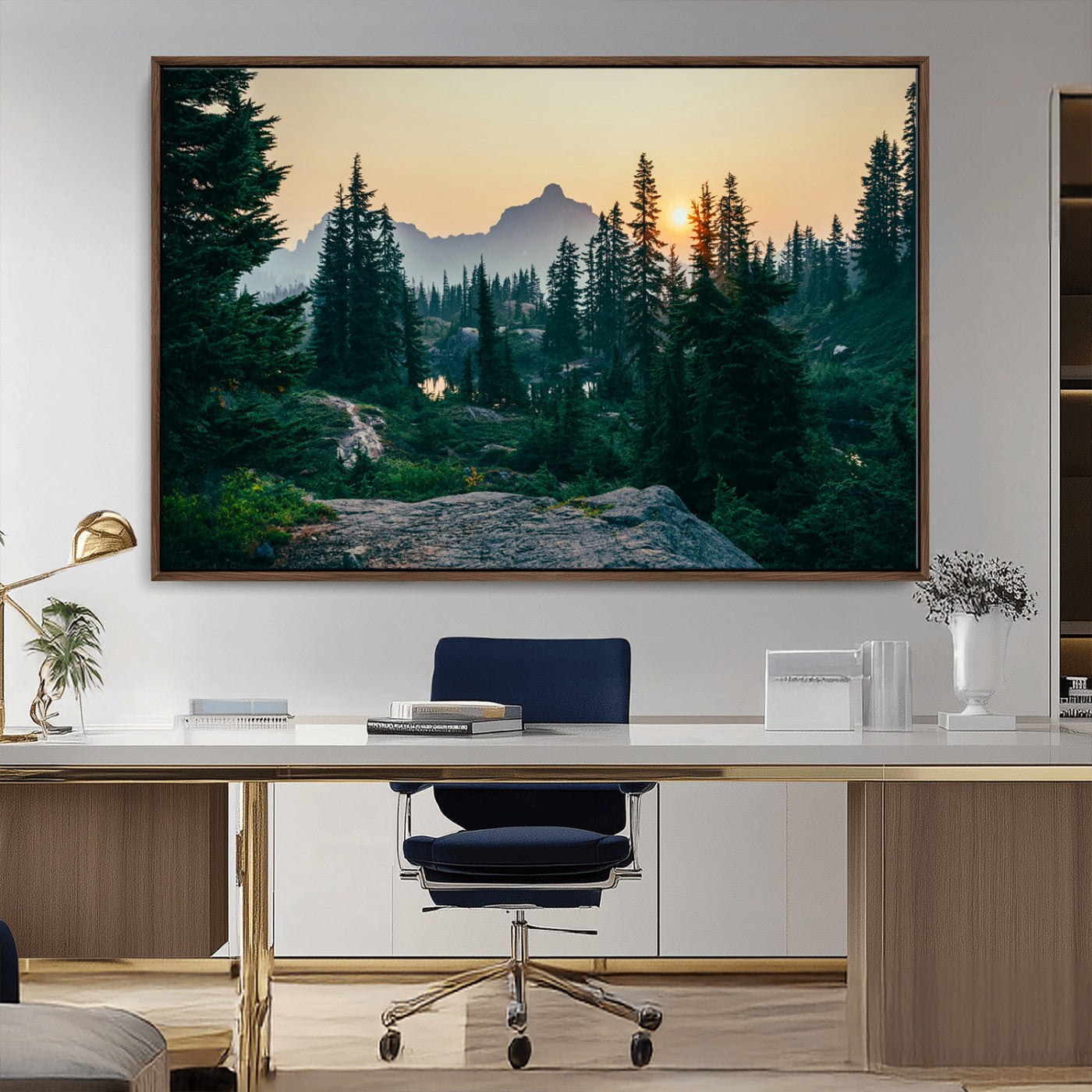 Mountain landscape with evergreen trees at sunset, casting a golden glow over the wilderness, creating a peaceful and rustic nature scene.