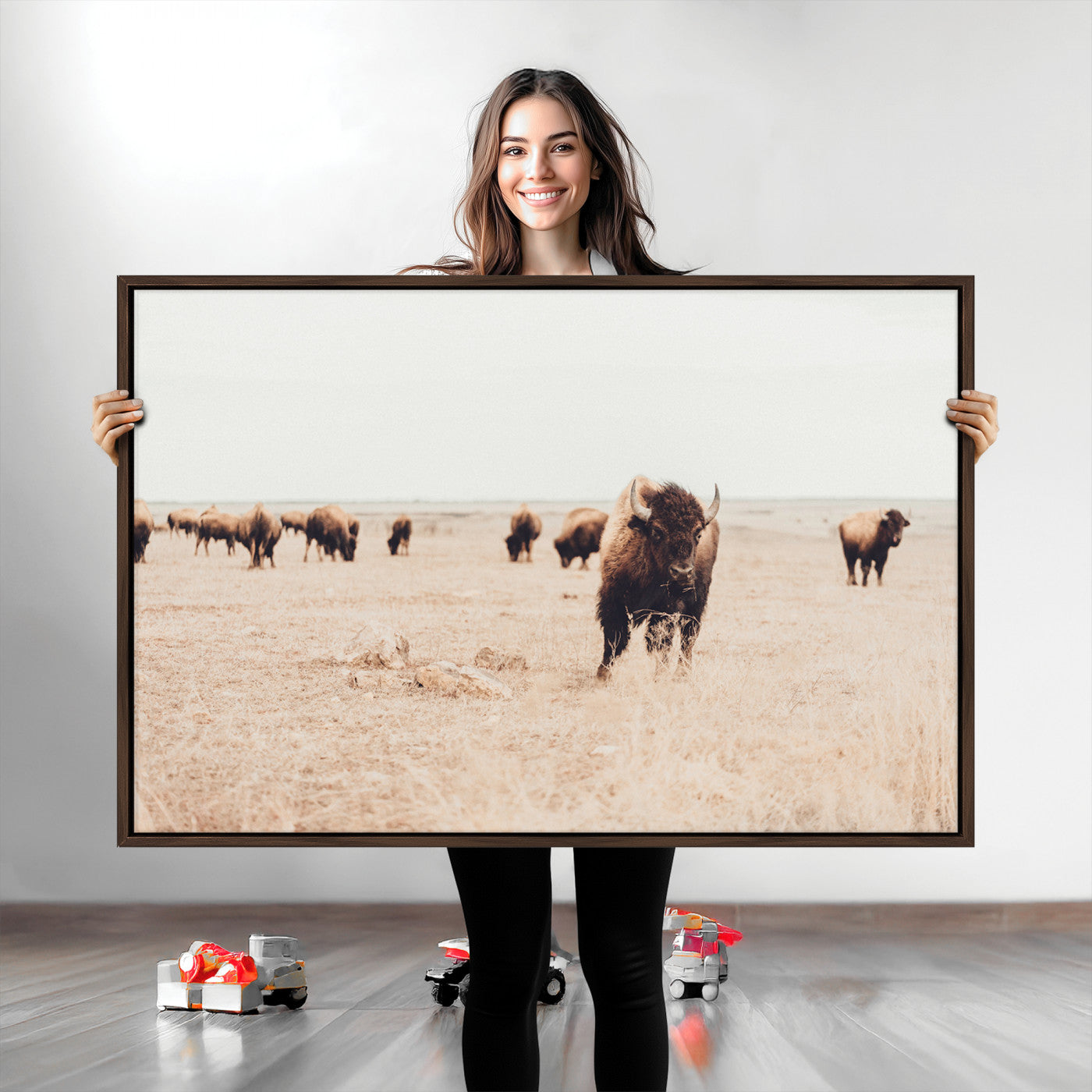 Bison Herd Wall Art Canvas Print, Framed Western Art Picture Print, Prairie Serenity Perfect Ranch Decor Artwork
