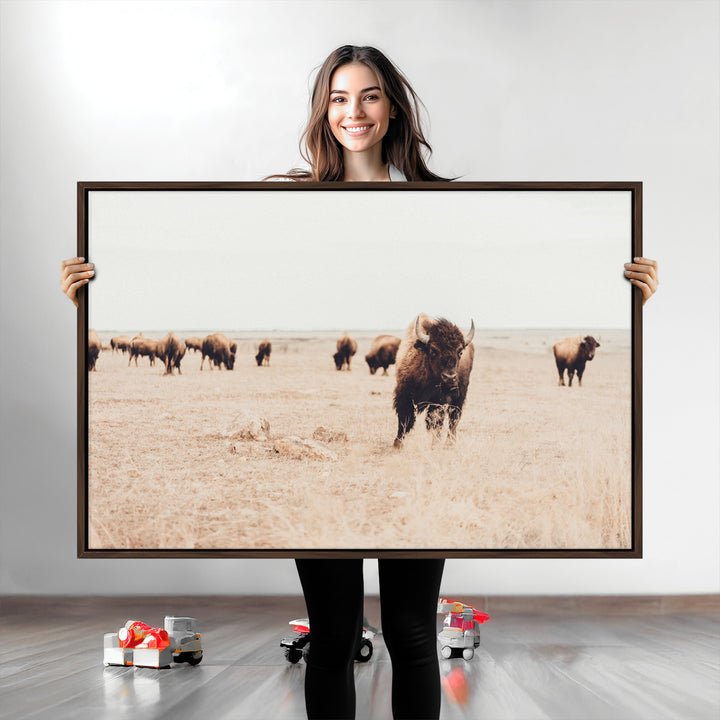Bison Herd Wall Art Canvas Print, Framed Western Art Picture Print, Prairie Serenity Perfect Ranch Decor Artwork