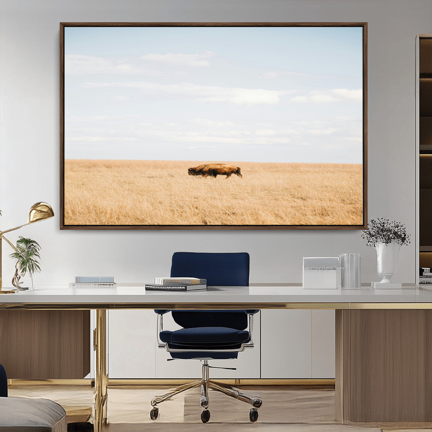 MGV-FC-36X24 - Minimalist Nature Wall Art Canvas Print, Framed Bison In Grassland Art Picture Print, Open Field Perfect Modern Ranch Decor Decor Artwork