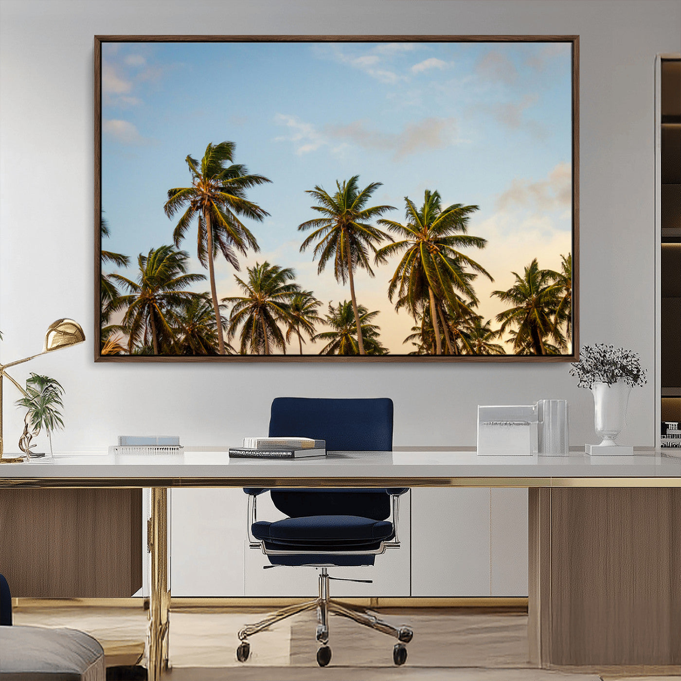 Tall palm trees swaying under a soft sunset sky, creating a tropical and relaxing atmosphere, perfect for coastal and beach-inspired wall art.