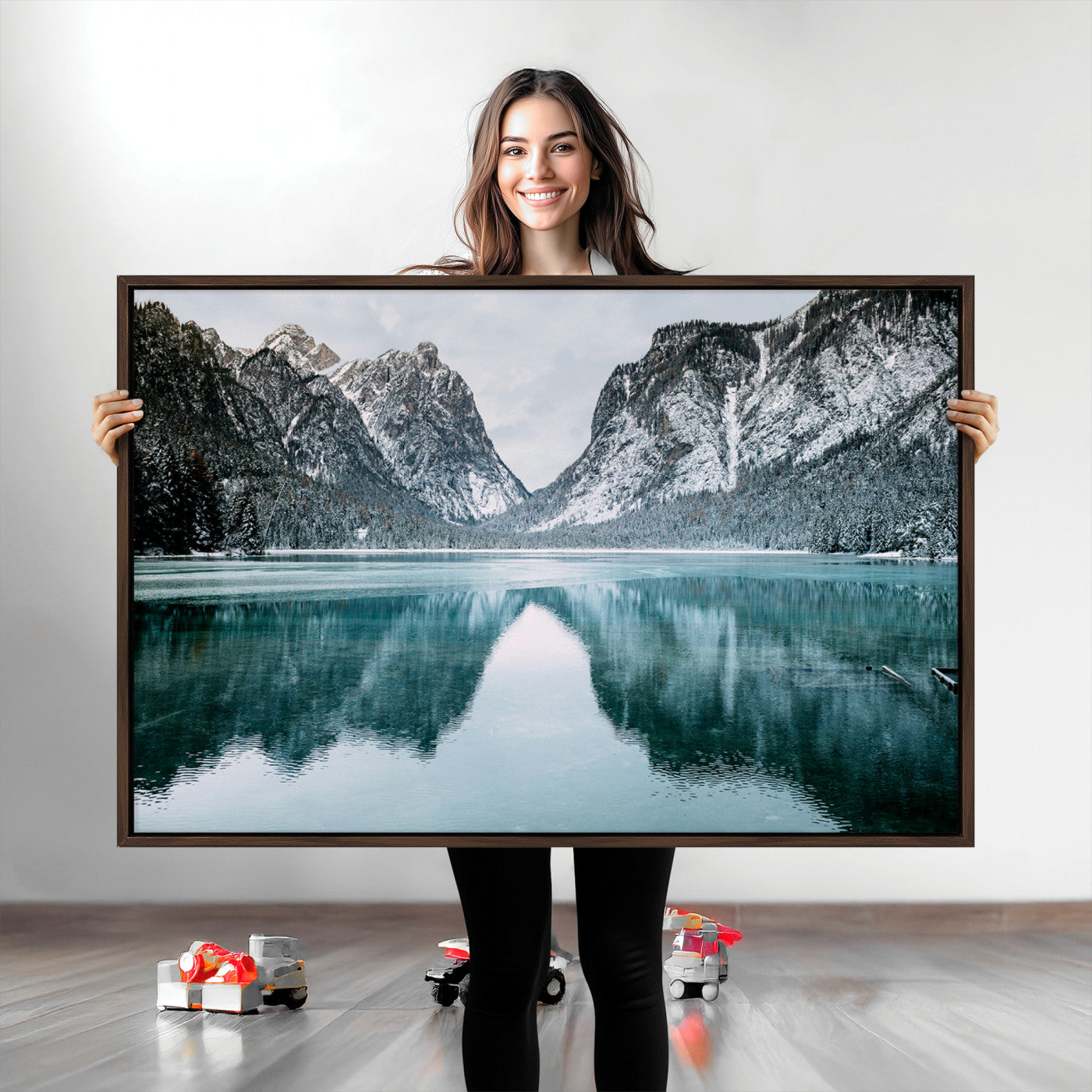 Mountain Lake Wall Art Canvas Print, Framed Winter Wonderland Art Picture Print, Snowy Peaks Perfect Modern Nature Decor Artwork