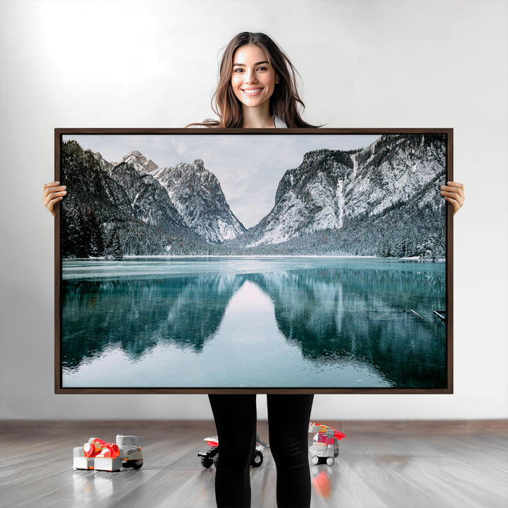 Mountain Lake Wall Art Canvas Print, Framed Winter Wonderland Art Picture Print, Snowy Peaks Perfect Modern Nature Decor Artwork
