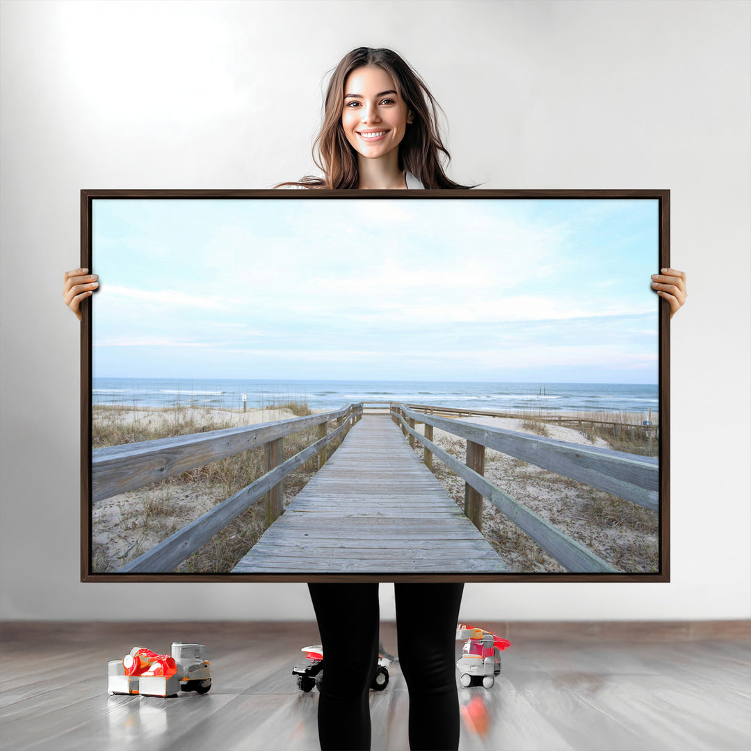 Beach Boardwalk Wall Art Canvas Print, Framed Coastal Serenity Art Picture Print, Ocean View Perfect Coastal Decor Artwork