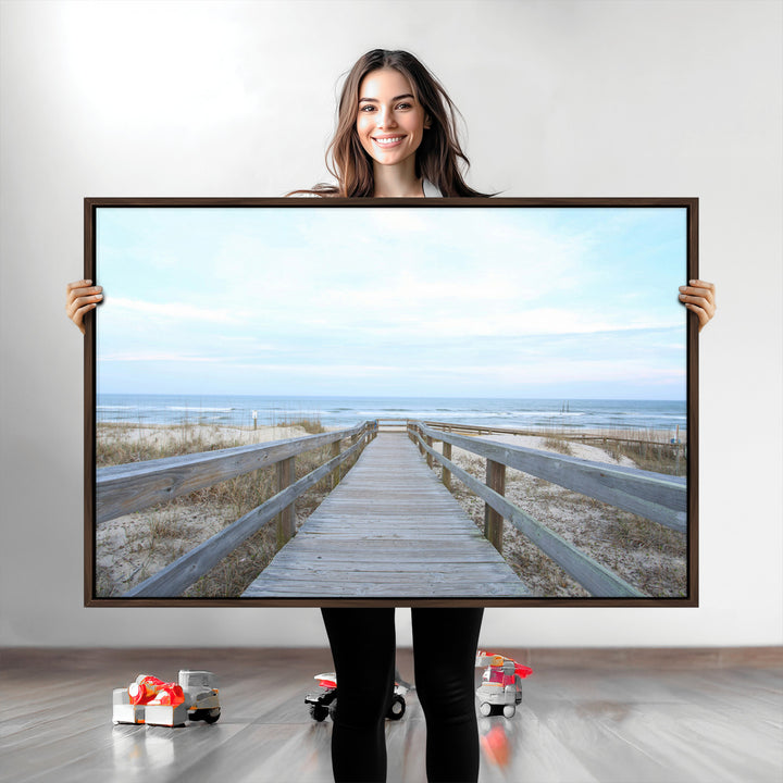 Beach Boardwalk Wall Art Canvas Print, Framed Coastal Serenity Art Picture Print, Ocean View Perfect Coastal Decor Artwork