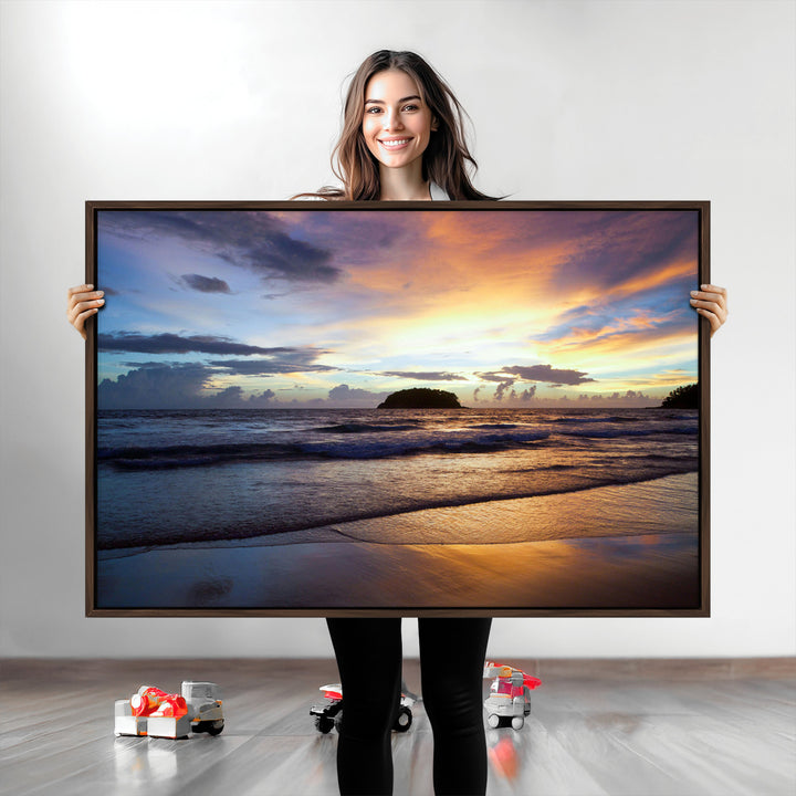 Beach Sunset Wall Art Canvas Print, Framed Ocean Waves Art Picture Print, Tropical Seascape Perfect Coastal Serenity Decor Artwork