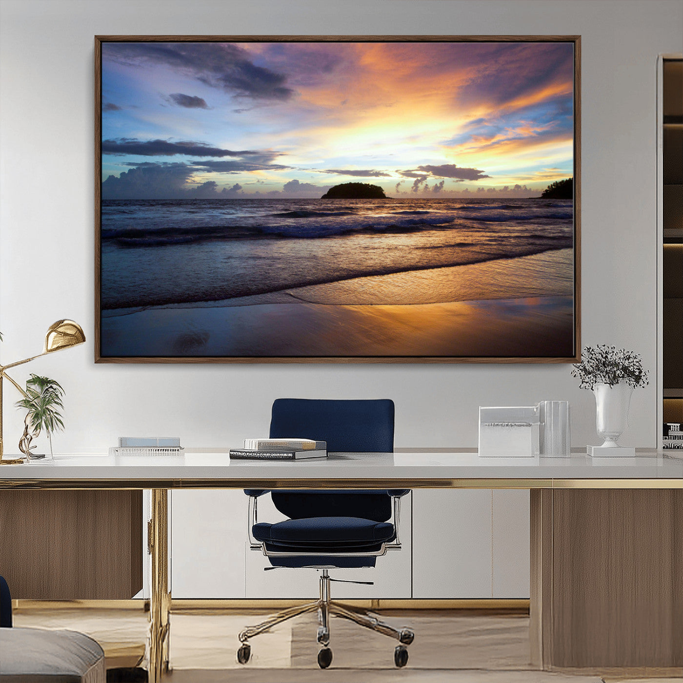 A tropical beach at sunset with waves gently washing ashore, reflecting golden and purple hues in the sky, creating a tranquil coastal scene.