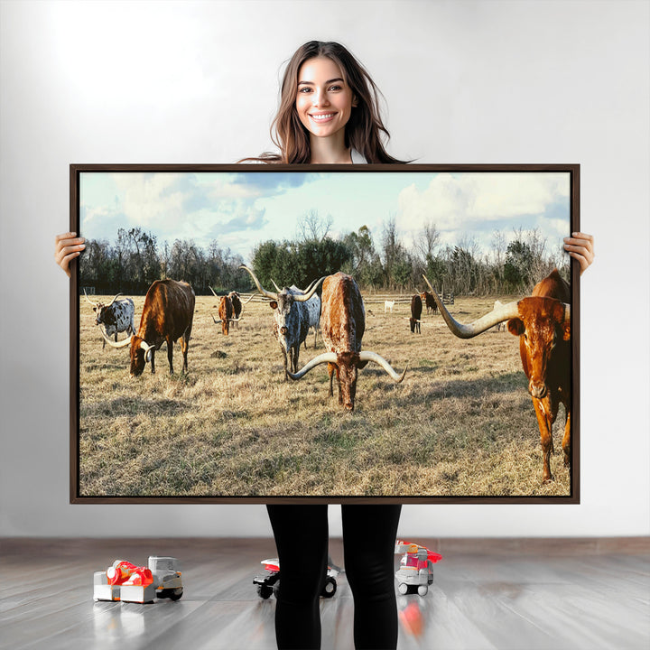 Texas Longhorns Wall Art Canvas Print, Framed Rustic Farm Scene Art Picture Print, Western Cattle Print Canvas Perfect Rustic Farmhouse