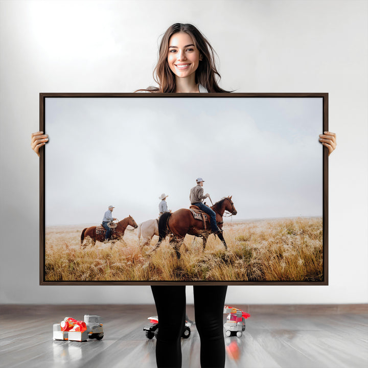 Western Cowboys Wall Art Canvas Print, Framed Rustic Prairie Art Picture Print, Horseback Riding Print Canvas, Perfect Rustic Western Decor