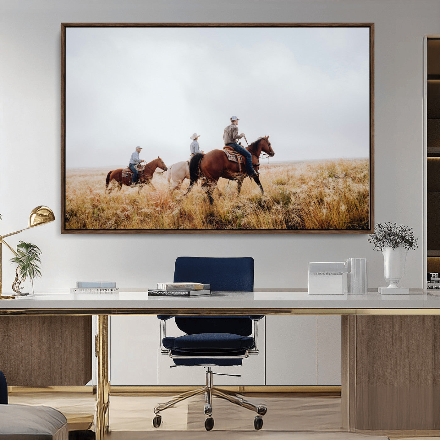 Three cowboys riding horses through a foggy prairie landscape, dressed in Western attire, evoking a rustic and adventurous Wild West aesthetic.