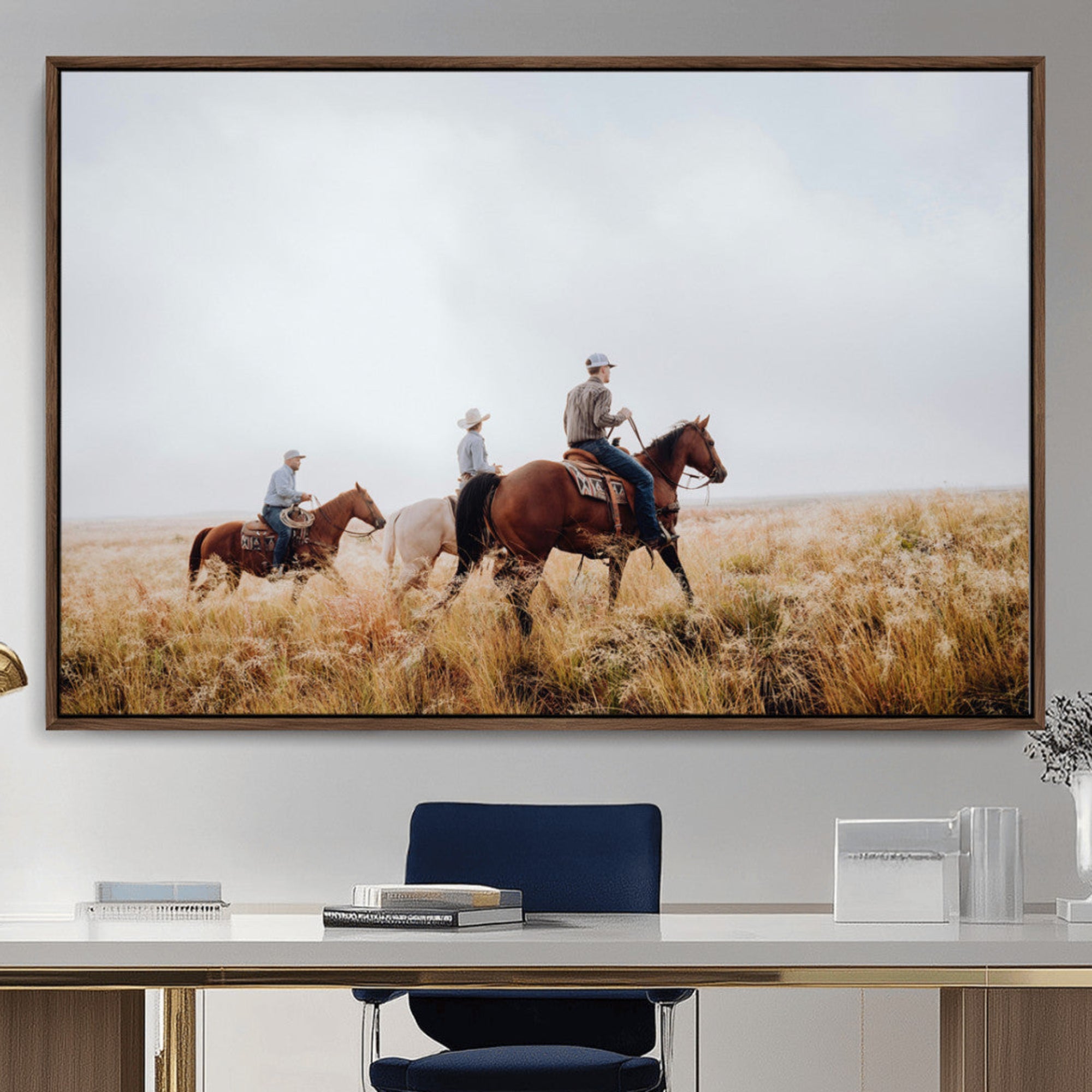 Three cowboys riding horses through a foggy prairie landscape, dressed in Western attire, evoking a rustic and adventurous Wild West aesthetic.