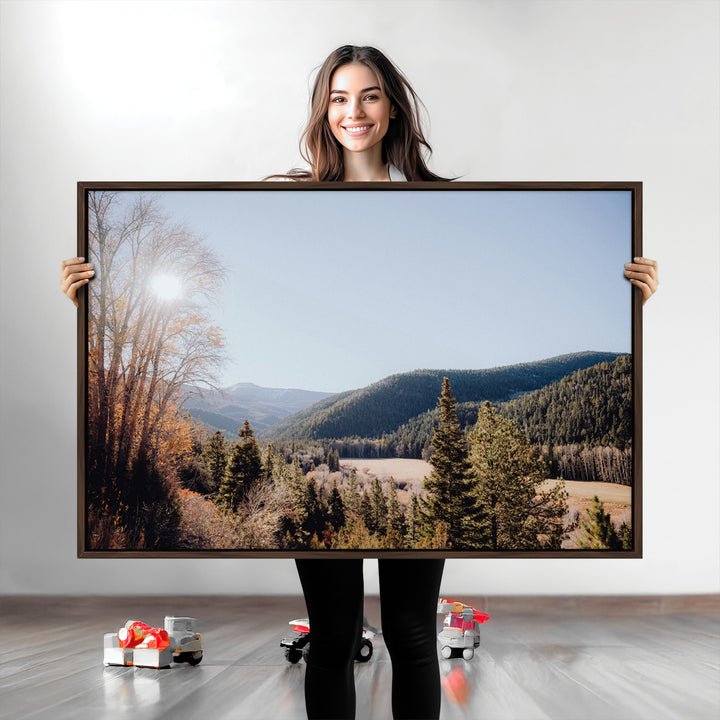 Rustic Landscape Wall Art Canvas Print, Framed Serene Valley Art Picture Print, Pine Tree Horizon Perfect Rustic Cabin Decor Artwork