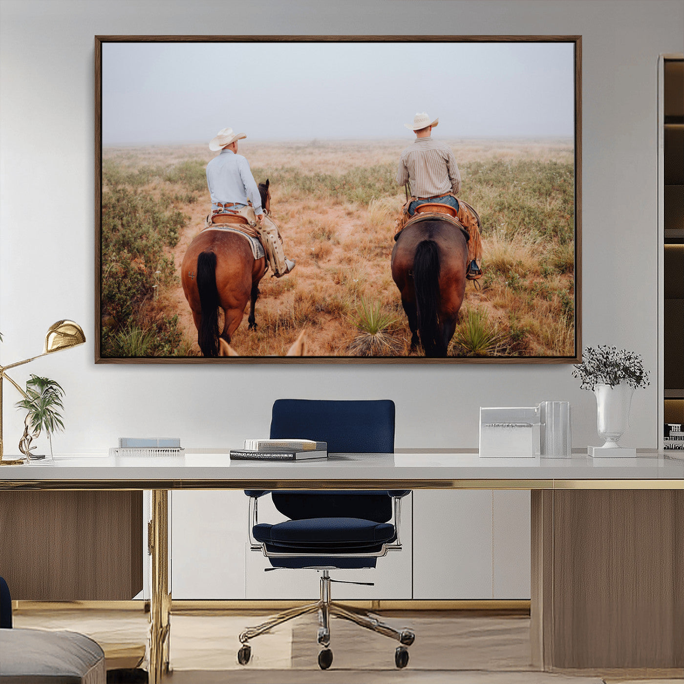 Two cowboys riding horseback through a misty prairie, capturing the rustic and adventurous spirit of the Western frontier.