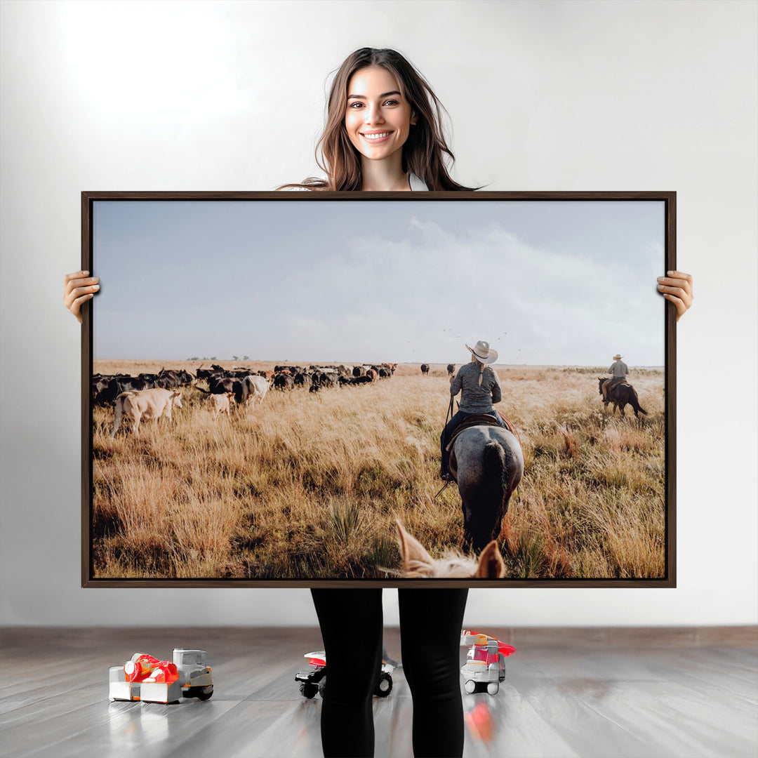 Western Wall Art Wall Art Canvas Print, Framed Cowboy Canvas Art Picture Print, Cattle Drive Scene Perfect Rustic Western Decor Artwork