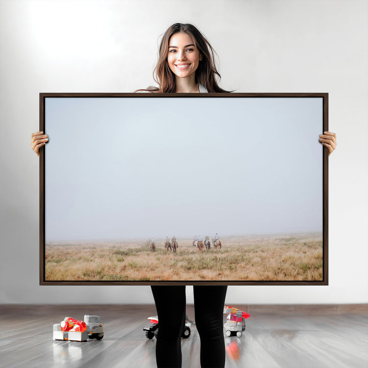 Foggy Plains Wall Art Canvas Print, Framed Horseback Riders Art Picture Print, Rustic Western Perfect Rustic Western Decor Artwork