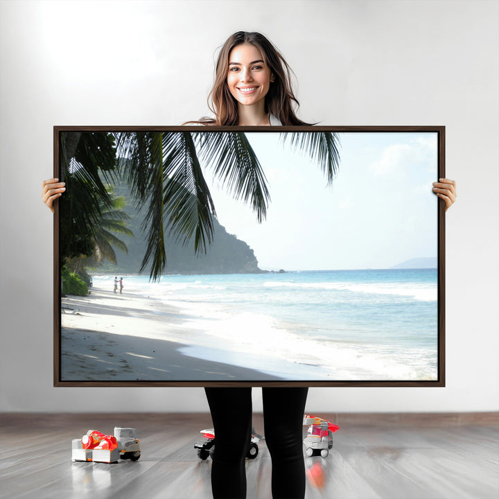 Tropical Beach Wall Art Canvas Print, Framed Serene Ocean Art Picture Print, Palm Tree Shadows Perfect Tropical Coastal Decor Artwork