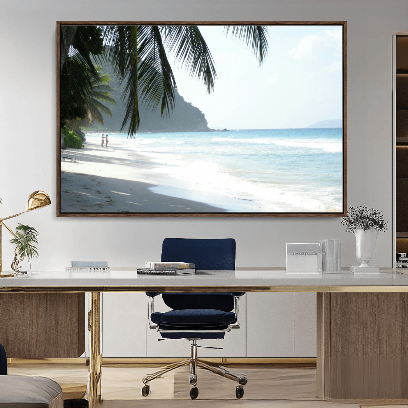 Tropical beach with palm tree shadows, white sand, and turquoise ocean waves, creating a serene and relaxing island escape atmosphere.