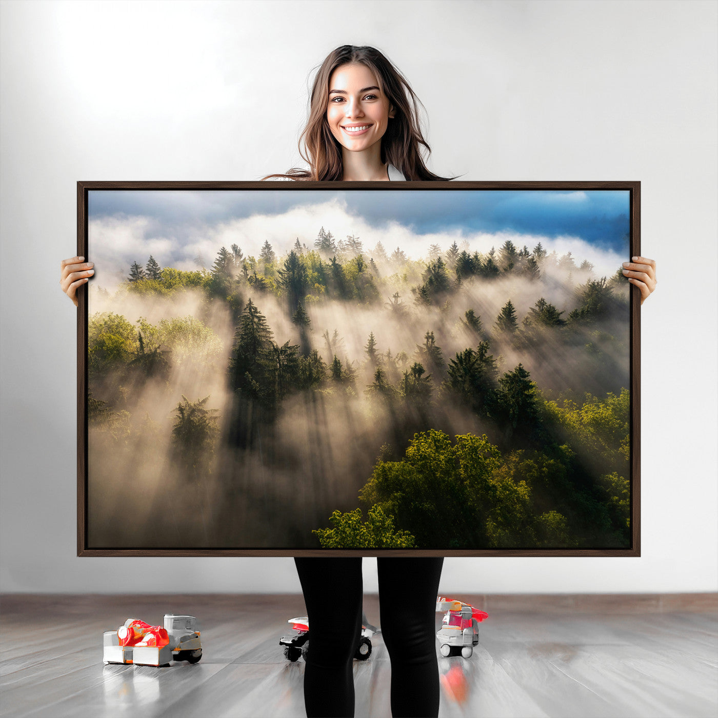 Tranquil Forest Scene Wall Art Canvas Print, Framed Sunbeam Through Trees Art Picture Print, Moody Green Wall Art Perfect Scandinavian