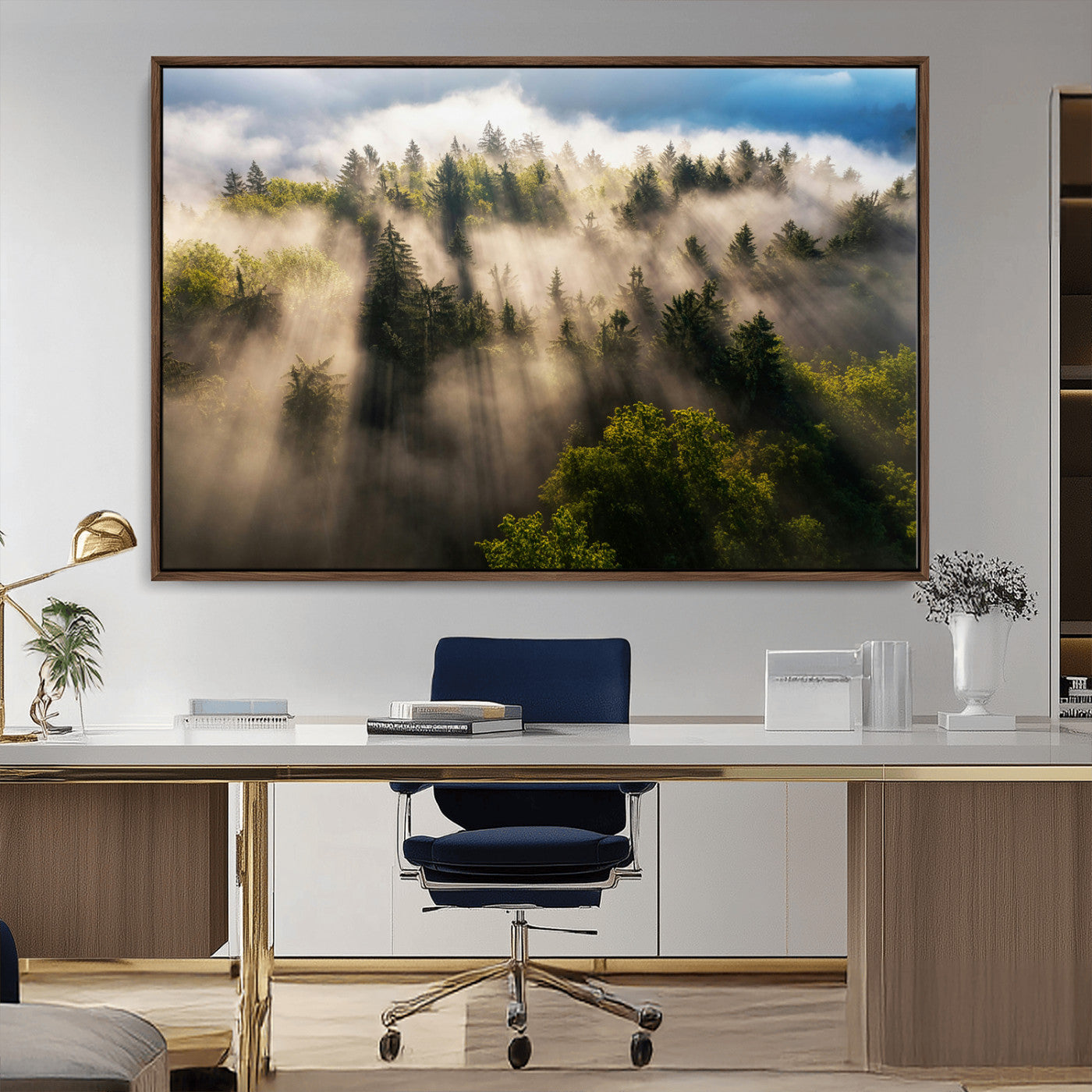 Sunlight streaming through misty pine trees in a lush green forest, creating a serene and atmospheric landscape, perfect for nature-inspired decor.